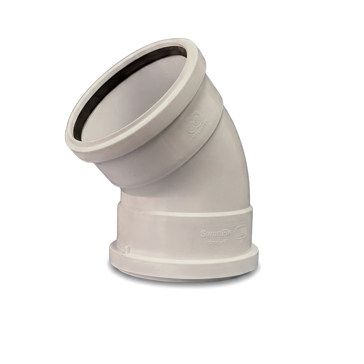 White PVC soil and vent plain bend plumbing fitting, 110mm by 45-degree angle, shown from an elevated perspective.