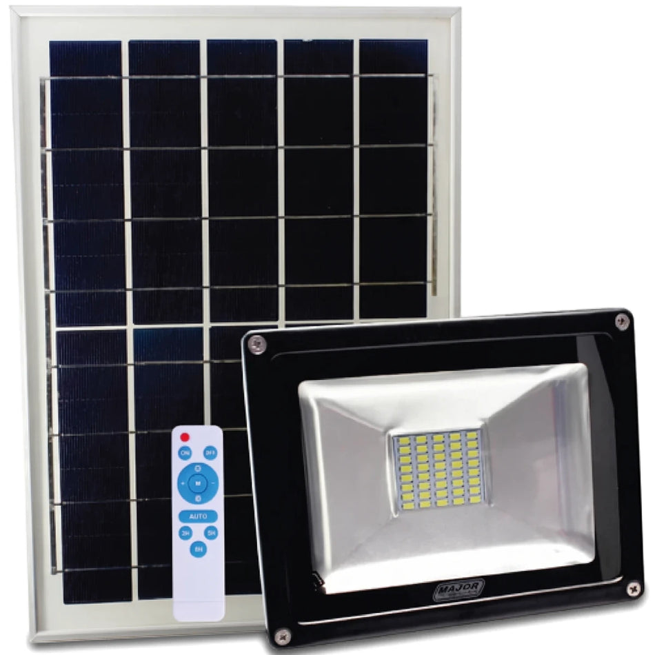 Solar flood light kit featuring a black LED floodlight with multiple yellow bulbs, a rectangular solar panel, and a white
