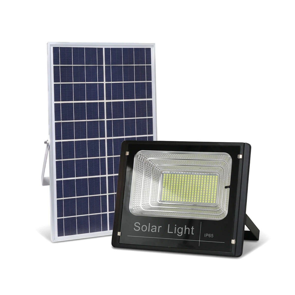 Black solar flood light with an LED array and a standalone solar panel for outdoor illumination.