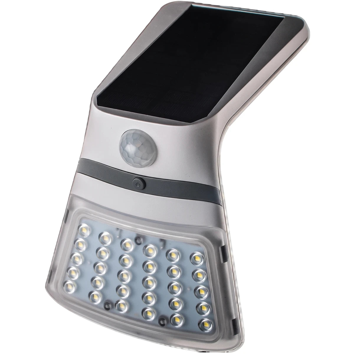 White Solar Light Pixie, a solar-powered outdoor light with a motion sensor and a large array of LED bulbs, shown at an