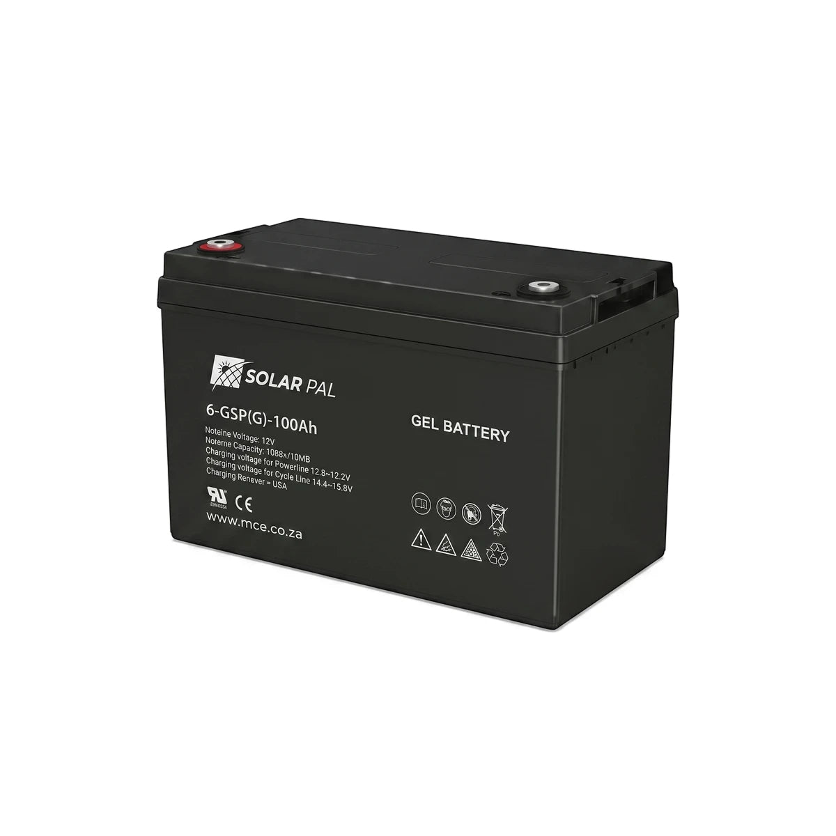 A black Solar Pal 12Vdc 100Ah Gel Battery from Mce, shown at an angle, with visible labels and terminals.