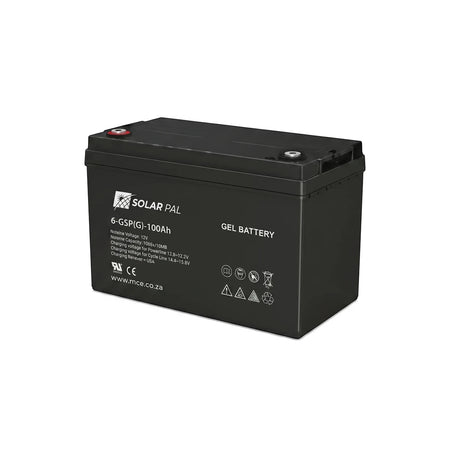 A black Solar Pal 12Vdc 100Ah Gel Battery from Mce, shown at an angle, with visible labels and terminals.