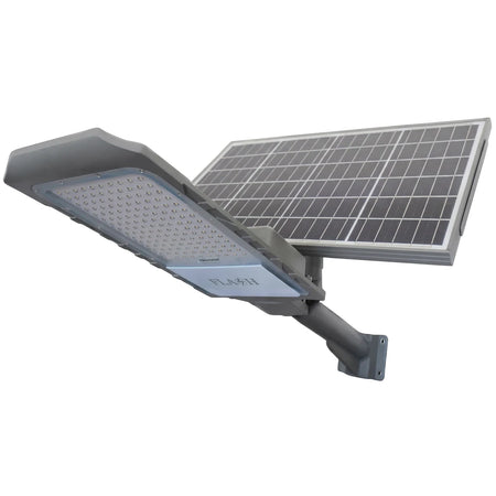 Gray 18W solar street light with an integrated solar panel and LED lamp, shown at an angle.
