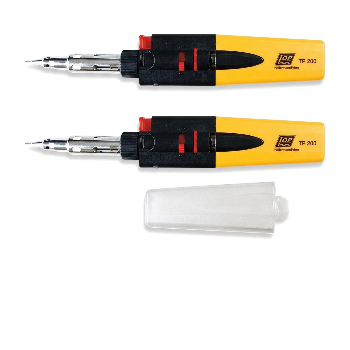 Yellow and black Soldering Iron 135 Gas P200 with a silver tip and a translucent protective cap, shown horizontally.