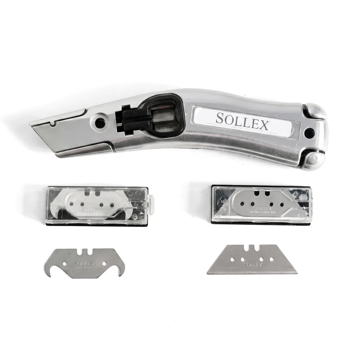 Silver Sollex utility knife with a fixed blade and TPE grip, shown with various replacement blades and dispensers, viewed