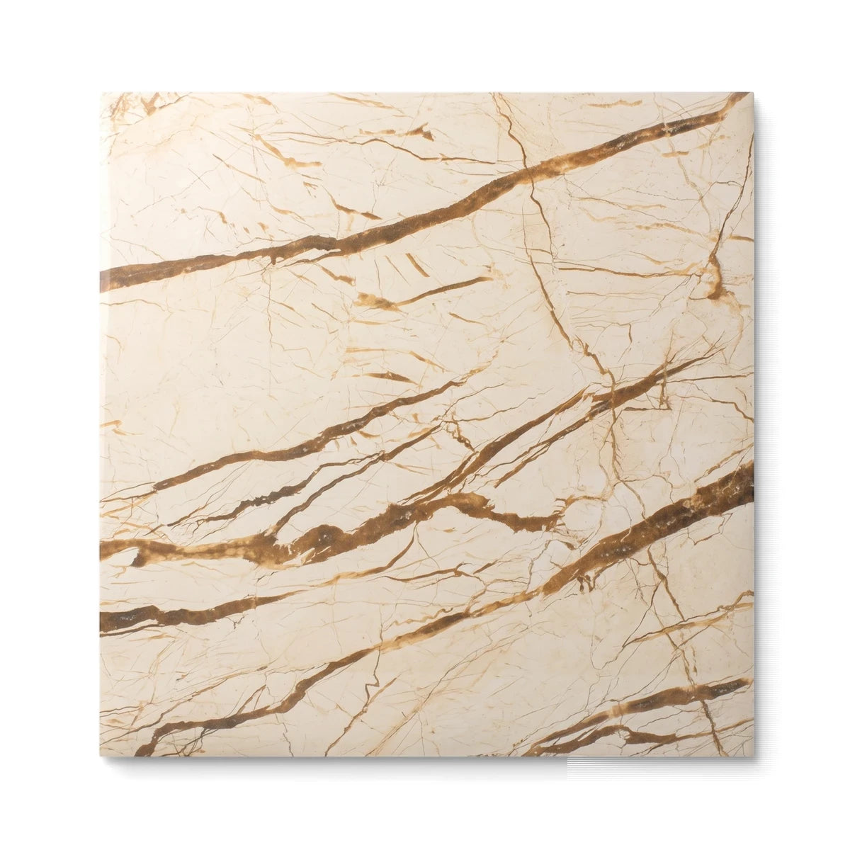 Somalia Gold 60x60 tile, featuring a cream base with intricate brown and gold marble-like veining, viewed from directly