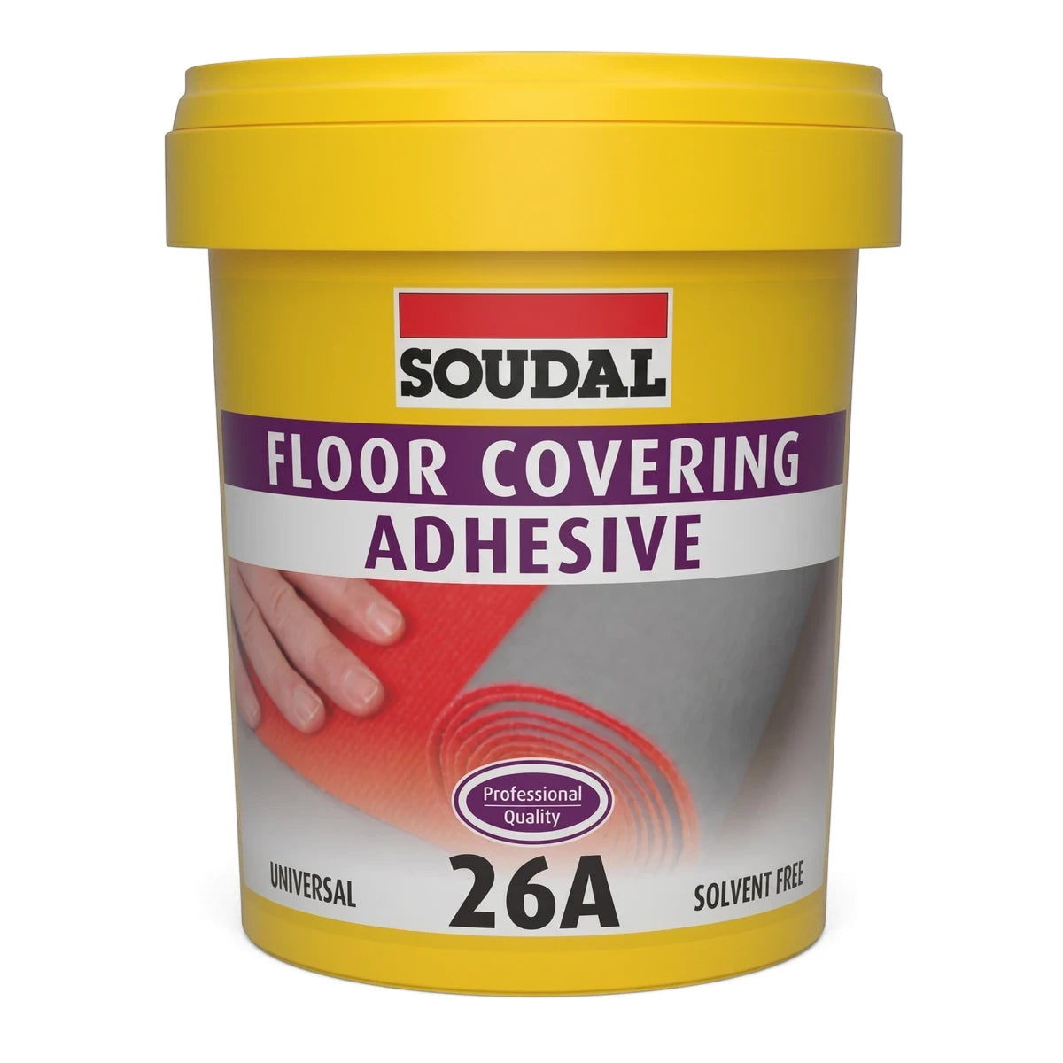 Yellow Soudal 26A Floor Covering Adhesive in a 1Kg bucket, ideal for various floor and vinyl tile applications.