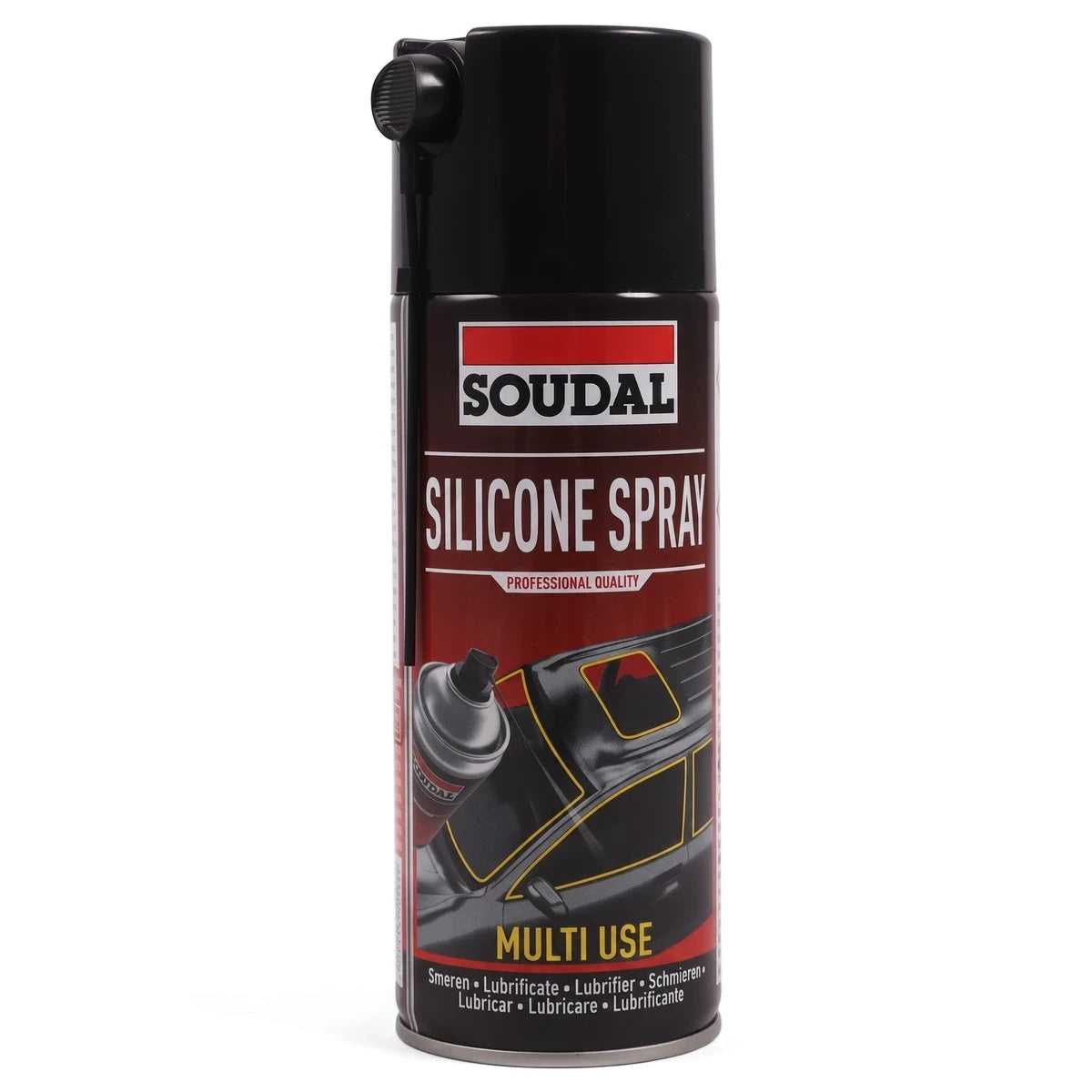 Black Soudal Silicone Spray 400G aerosol can for professional multi-use lubrication, shown upright.