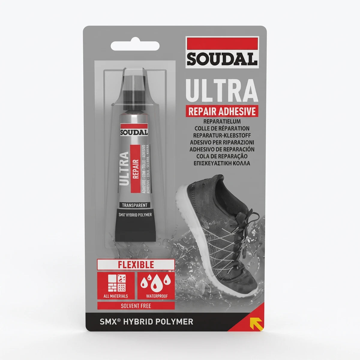 Soudal Ultra Repair Adhesive 20ml tube in flexible, waterproof packaging with shoe graphic, designed for all materials.