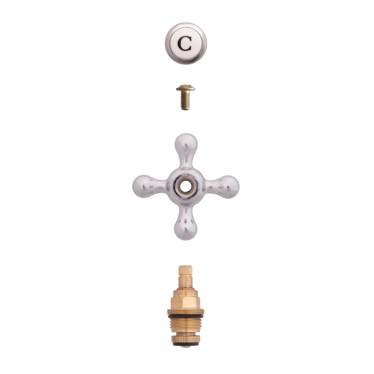 Disassembled spare head plumbing fittings including a chrome cross-handle, white cold cap with 'C', brass screw, and valve