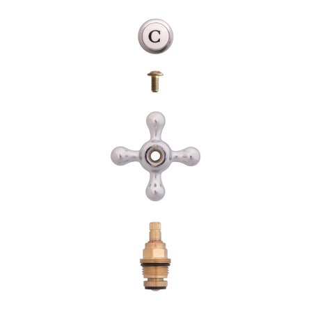 Disassembled spare head plumbing fittings including a chrome cross-handle, white cold cap with 'C', brass screw, and valve