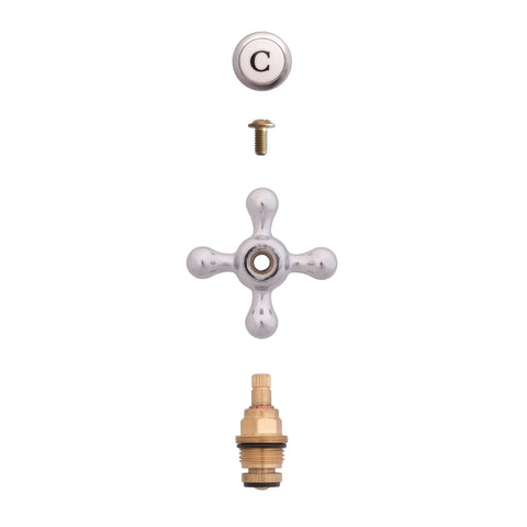 Disassembled spare head plumbing fittings including a chrome cross-handle, white cold cap with 'C', brass screw, and valve