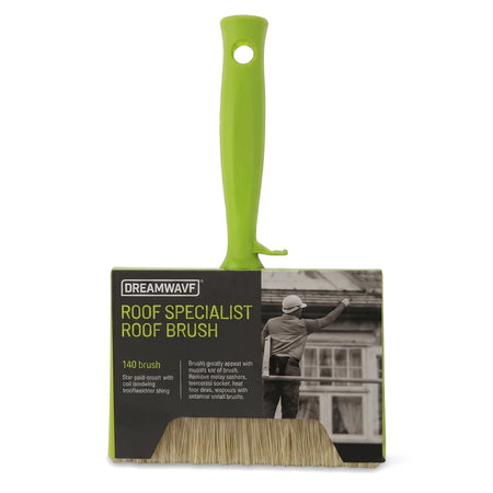 Specialist Roof Brush with a bright green handle and natural bristles, shown upright in its product packaging.