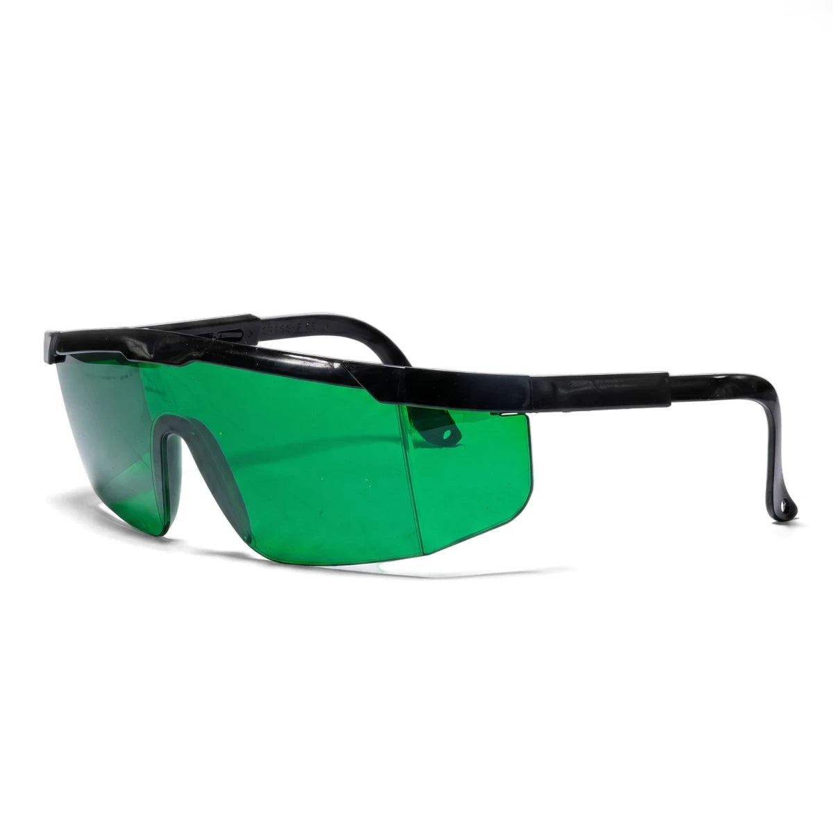 Green safety glasses with a black frame, featuring broad wraparound lenses for protection, viewed from a side angle.