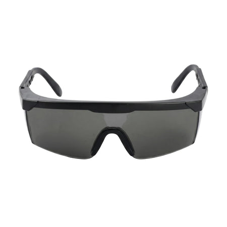 Spectacle Sport black safety glasses with dark gray tinted lenses and a durable black frame, shown from a front view.