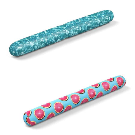 Two Splashin' Style Fabric Pool Noodles, one with a blue water ripple pattern and the other with a blue and pink grapefruit