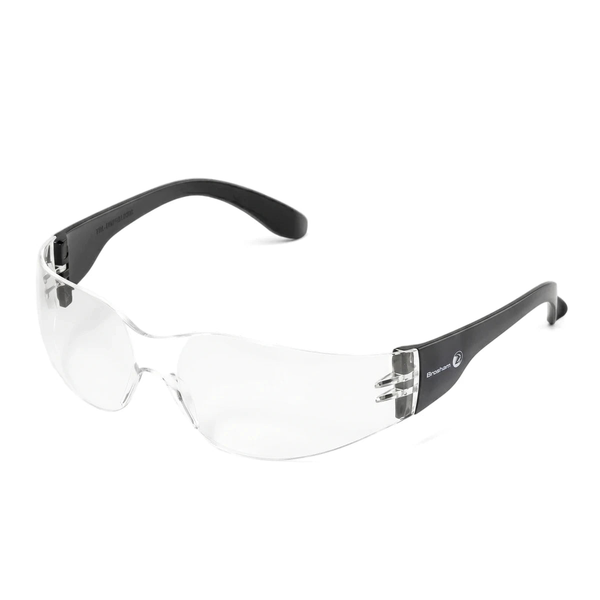 Sport spectacle clear safety glasses with black arms and protective polycarbonate lenses for eye protection.
