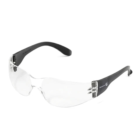 Sport spectacle clear safety glasses with black arms and protective polycarbonate lenses for eye protection.
