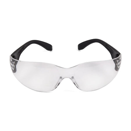 Sport spectacle clear safety glasses with anti-fog transparent lenses and durable black frames, providing eye protection.