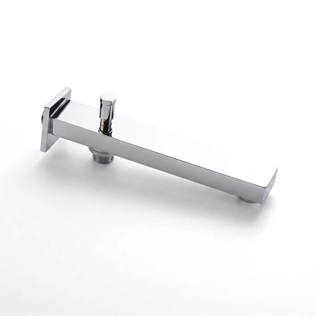 Square chrome 200mm plumbing spout with a cylindrical diverter, viewed at an angle on a metallic surface.