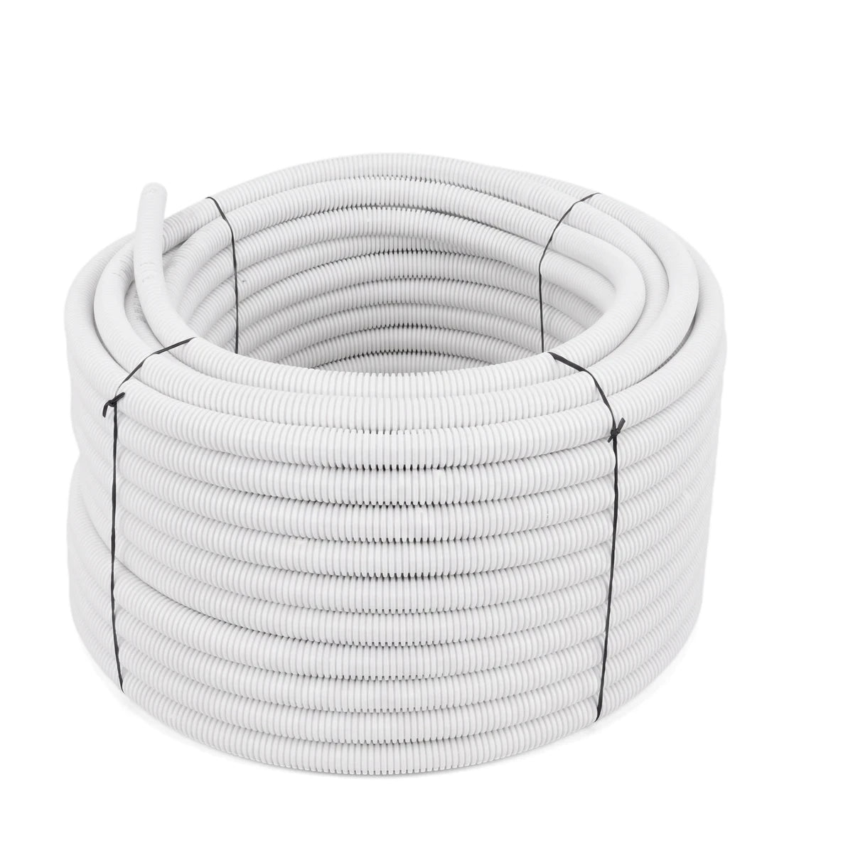 White coiled 25mm PVC corrugated stove tubing, sold per meter, from Sprague Pvc Tube, against a white background.