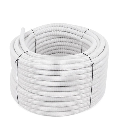 White coiled 25mm PVC corrugated stove tubing, sold per meter, from Sprague Pvc Tube, against a white background.