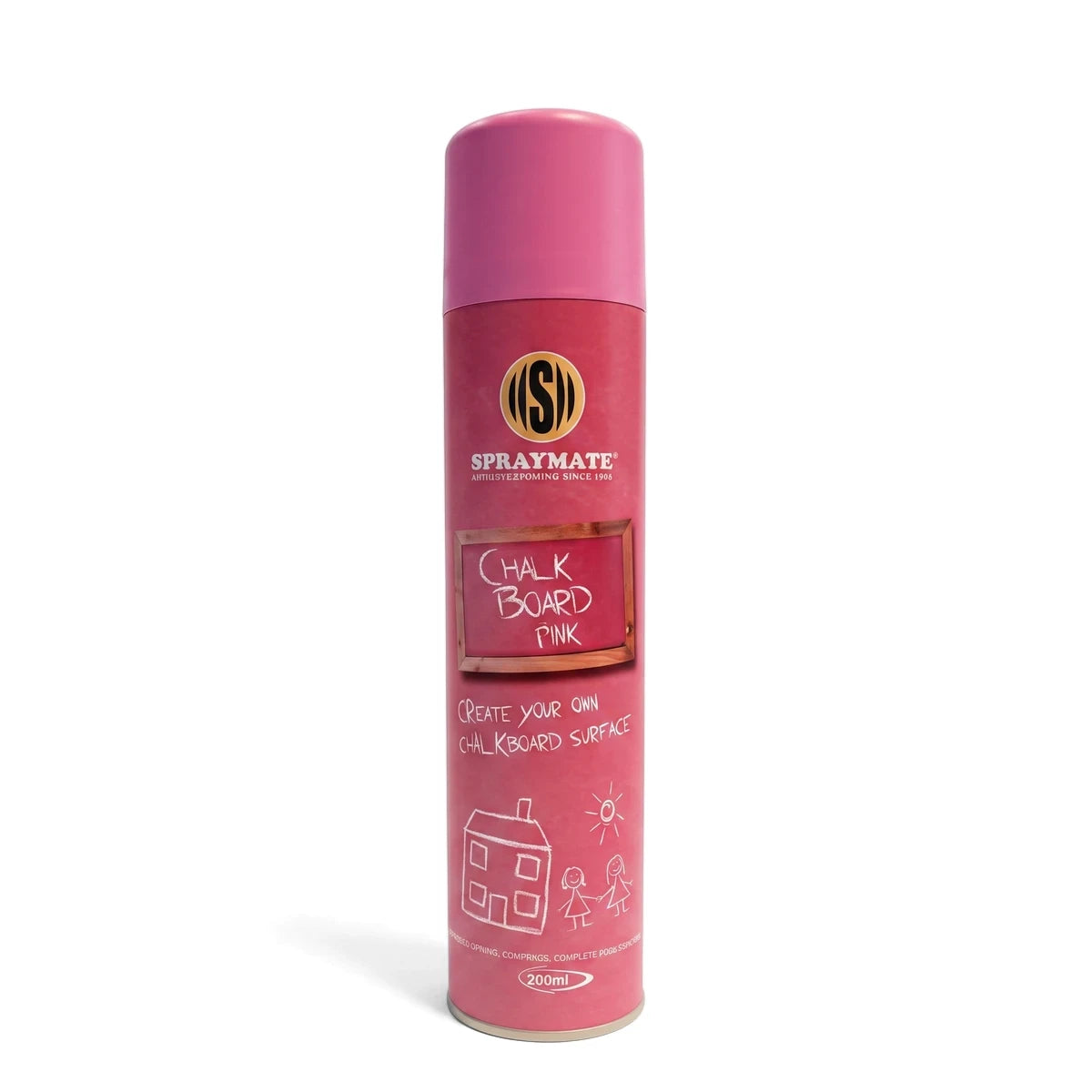 Pink Spraymate Chalkboard Spray Paint in an aerosol can, used to create a writable chalkboard surface.