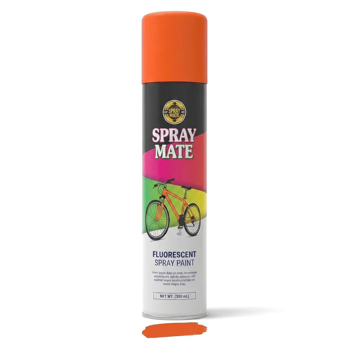 Orange Spraymate Fluorescent Spray Paint in an aerosol can, prominently displayed in a studio setting, ready for use.