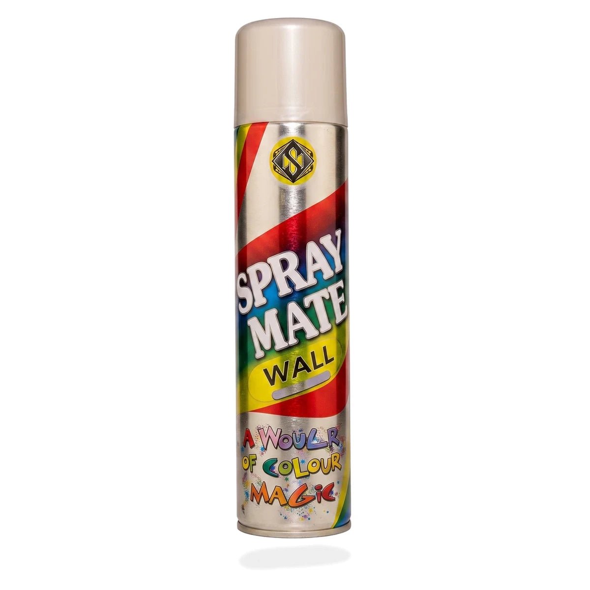 A metallic silver Spraymate Metallic Spray Paint aerosol can with colorful graphics and a cream-colored top.