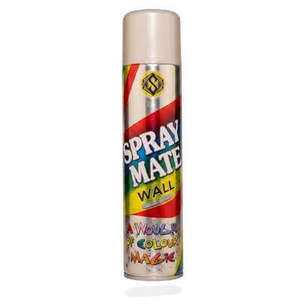 A metallic silver Spraymate Metallic Spray Paint aerosol can with colorful graphics and a cream-colored top.