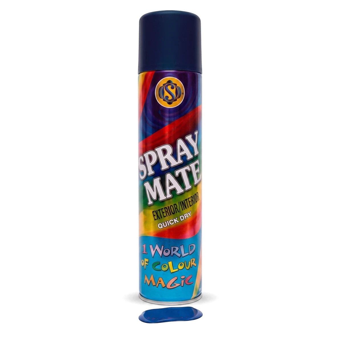 Royal blue Spraymate spray paint aerosol can with a colorful label, standing upright on a white surface with a small blue