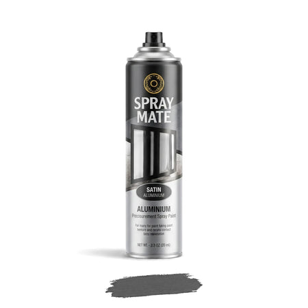 Spraymate Satin Aluminium Spray Paint in Charcoal, shown as a cylindrical can with a matching dark grey paint swatch below.