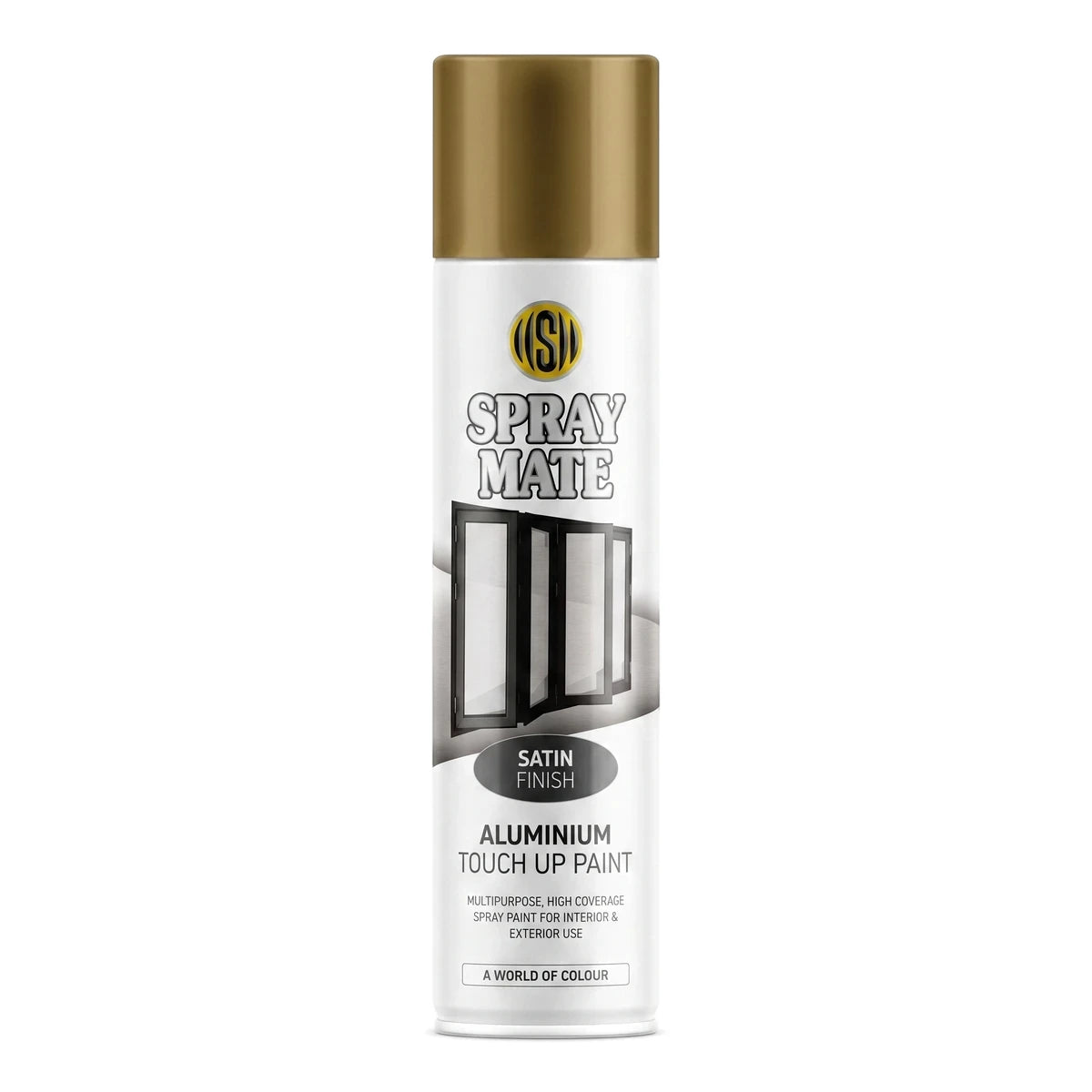 Bronze Spraymate satin aluminium touch up paint can with a dark grey body, shown upright on a white background.