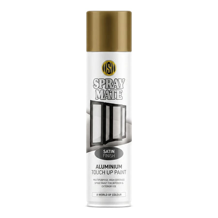 Bronze Spraymate satin aluminium touch up paint can with a dark grey body, shown upright on a white background.