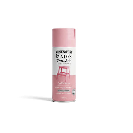 Soft pink Spraymate Satin Spray Paint + Primer can, designed for wood, metal, and plastic, shown upright on a white