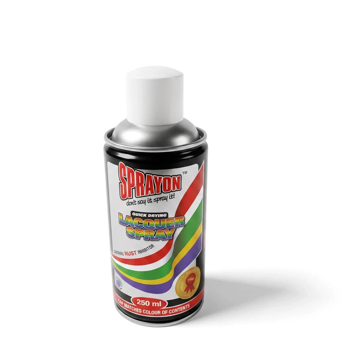 Black Sprayon Quick Drying Lacquer Spray paint can with white cap and colorful label, 250ml size.