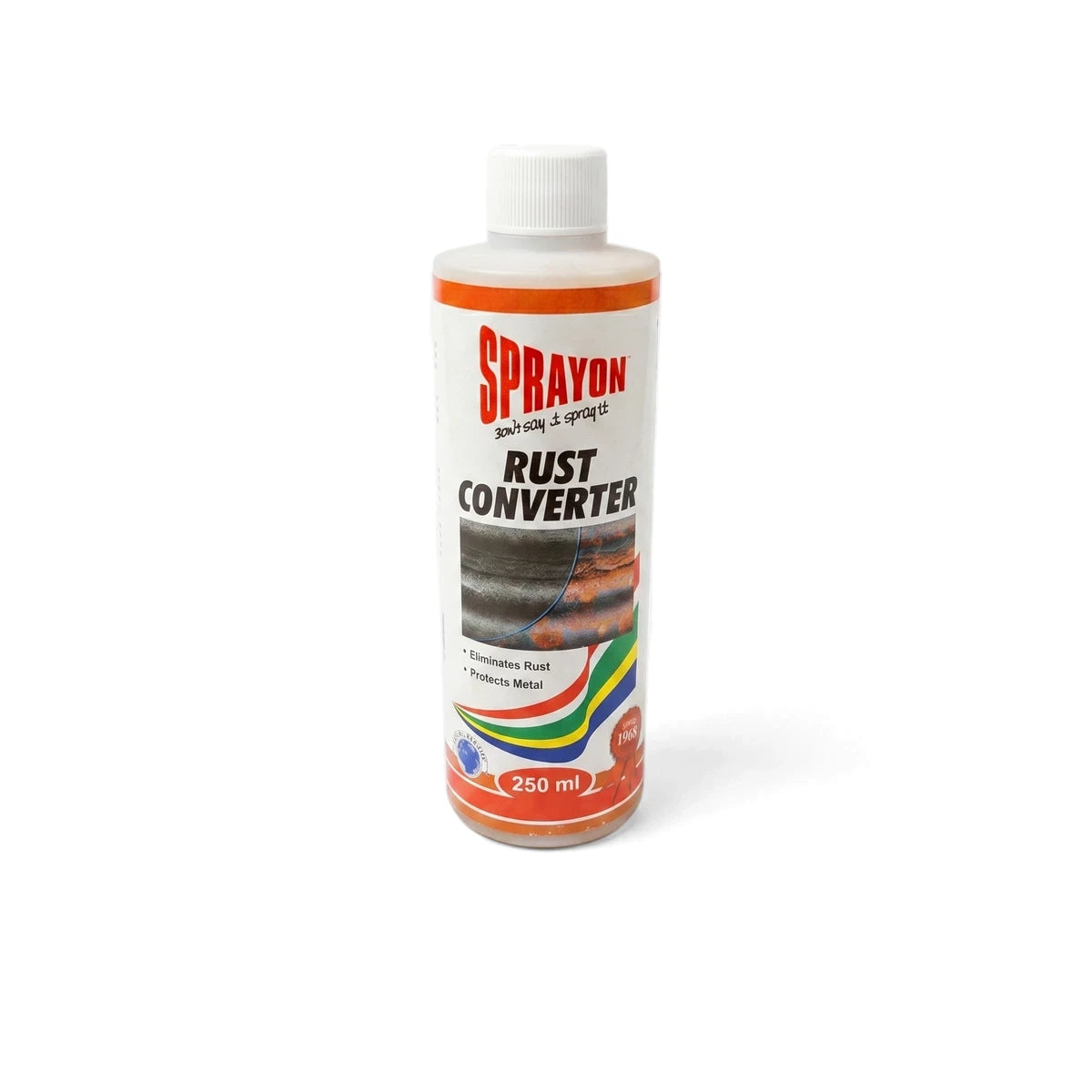 White plastic bottle of Sprayon Rust Converter, 250 ml, with red and orange label for metal treatment.