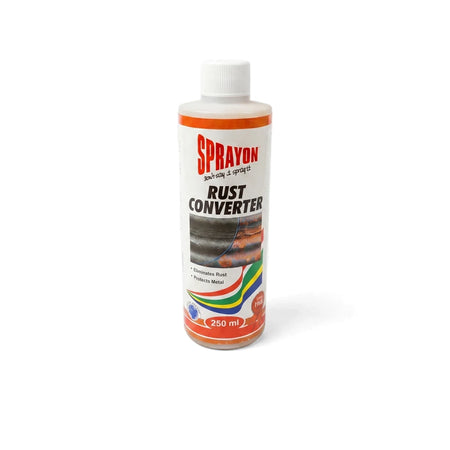 White plastic bottle of Sprayon Rust Converter, 250 ml, with red and orange label for metal treatment.