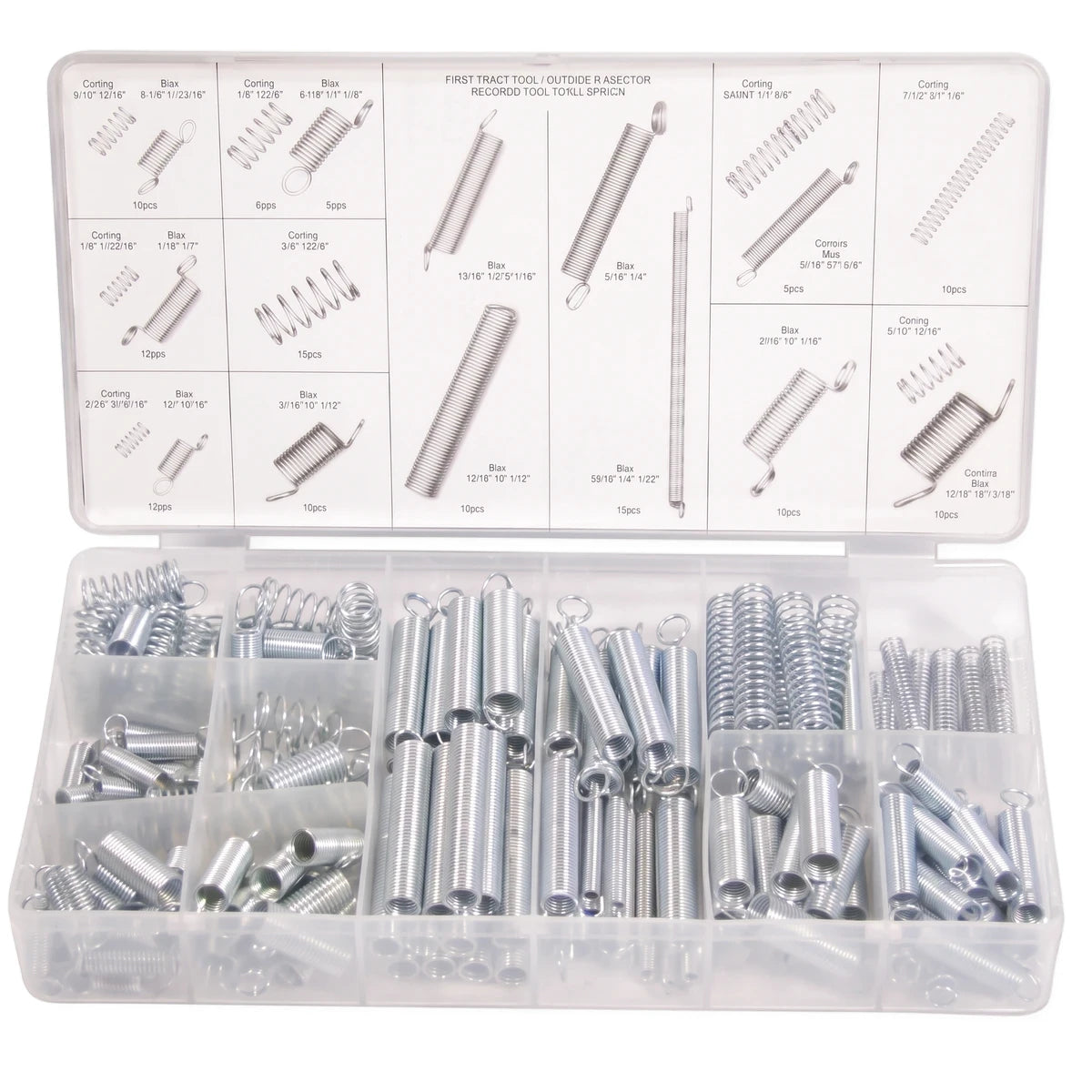Clear plastic organizer box containing an assortment of metallic compression and extension springs in various sizes for