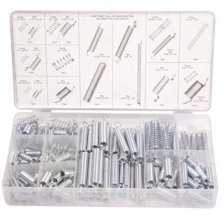 Clear plastic organizer box containing an assortment of metallic compression and extension springs in various sizes for