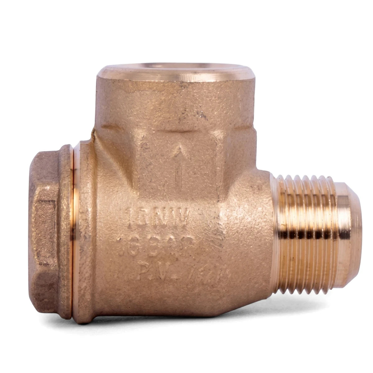 Brass 1-inch Spring Non-Return Valve plumbing fitting with threaded and hexagonal ends, shown from a side view.