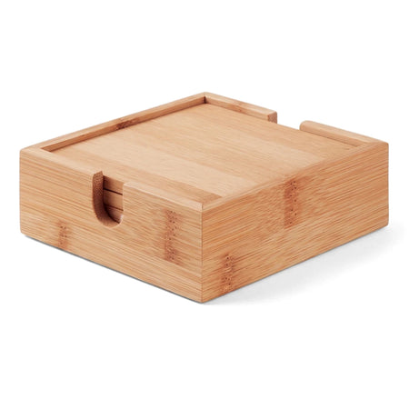 A square bamboo coaster set, 9cm by 9cm, viewed at an angle, featuring a holder with a cutout for easy coaster access.