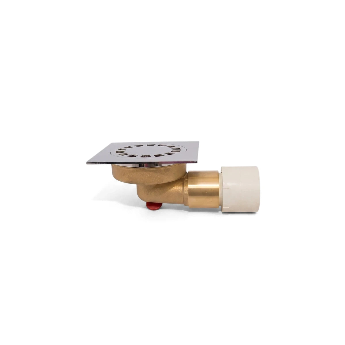 A 120mm x 120mm square brass floor drain with a chrome grate and a brass and white pipe extension, viewed from the side.