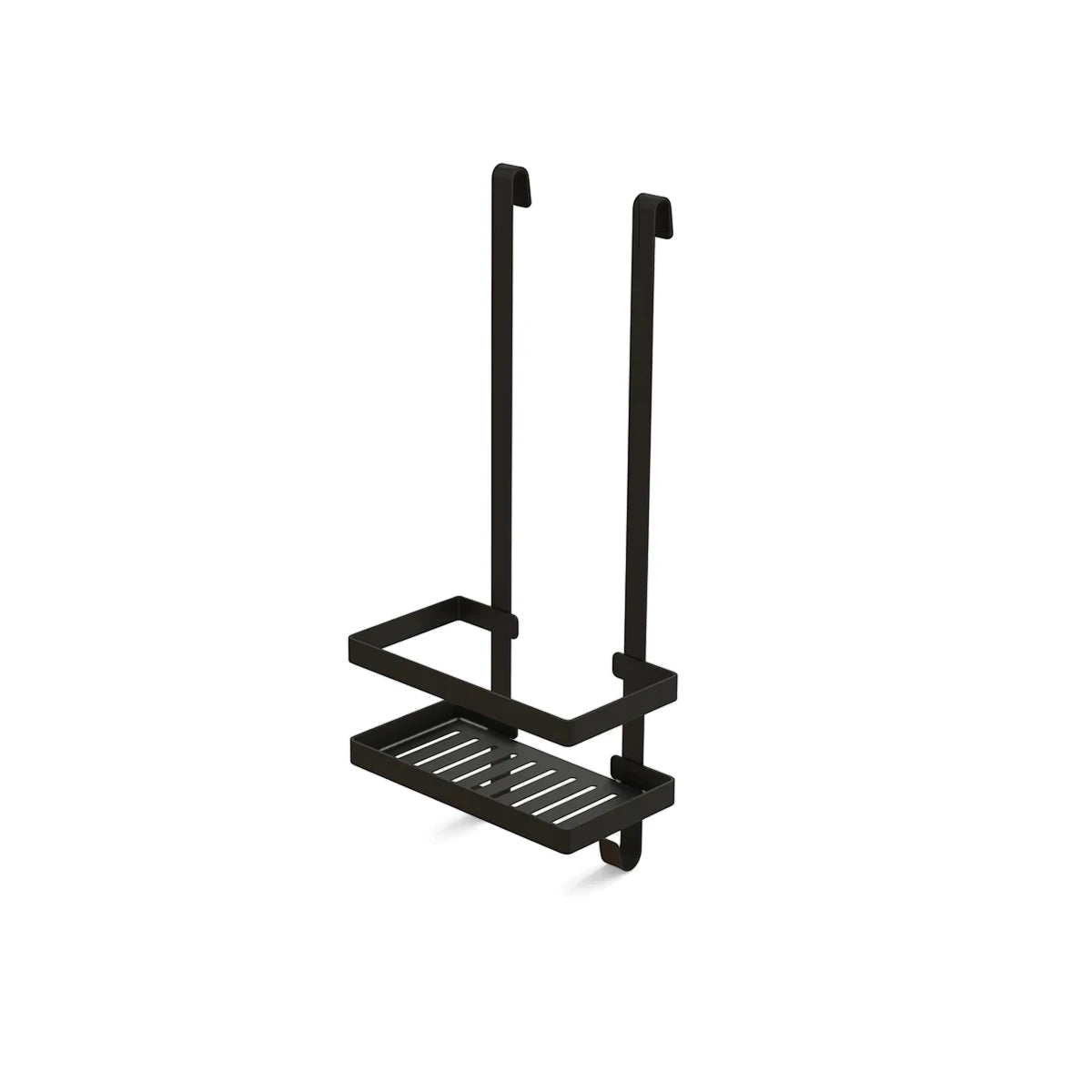 Black metal square shower caddy with hanging hooks and a slotted shelf, shown from an angled view.