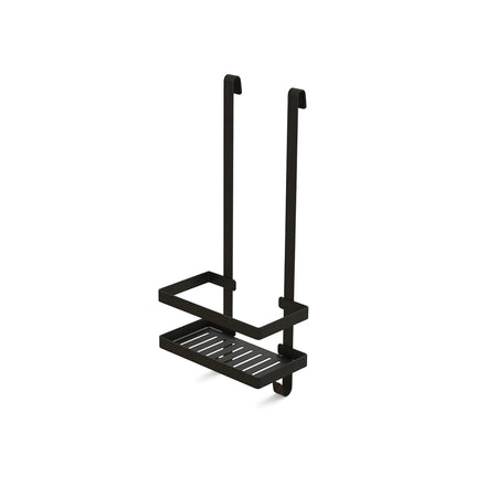 Black metal square shower caddy with hanging hooks and a slotted shelf, shown from an angled view.