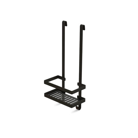 Black metal square shower caddy with hanging hooks and a slotted shelf, shown from an angled view.