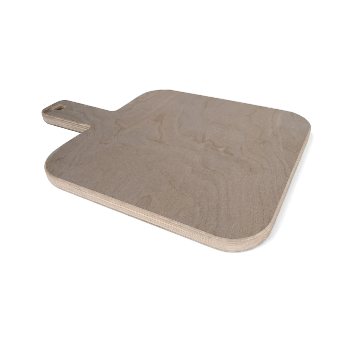 Square wooden cheese board with a handle, light brown with natural grain, shown from an elevated perspective. Ideal for