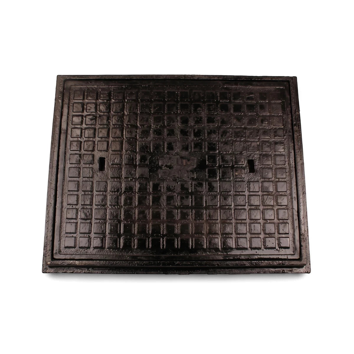 Dark rectangular cast iron manhole cover with a grid pattern, designed for light duty access, viewed from above.