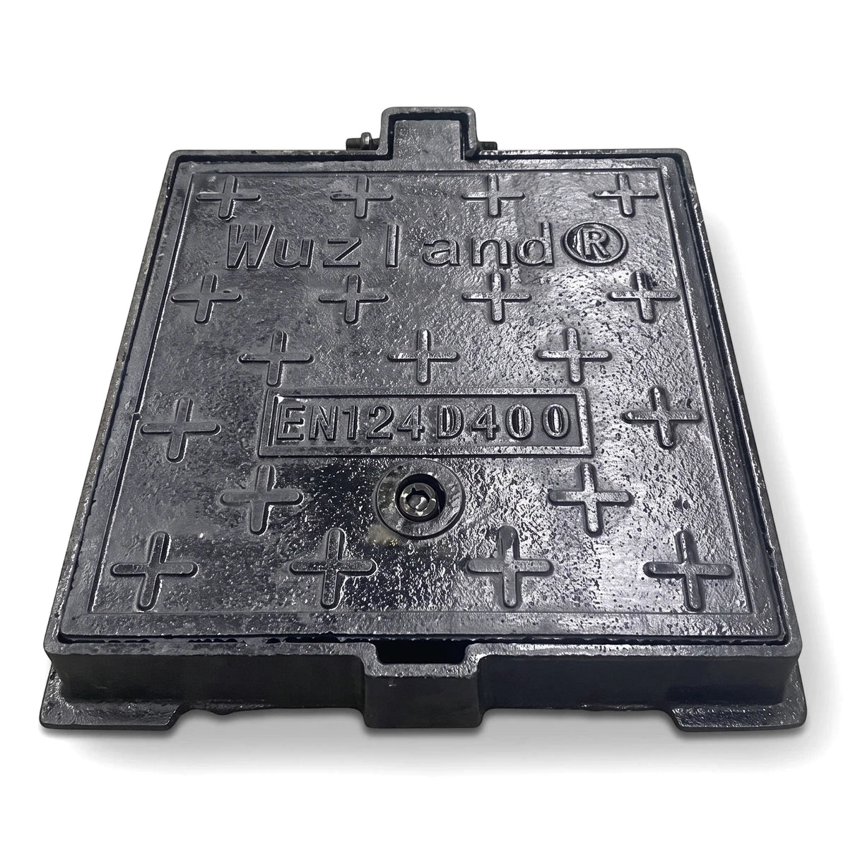 Dark gray heavy-duty cast iron manhole cover, 300x300 size, featuring Wuzland® branding and EN124-D400 rating. Top-down view.