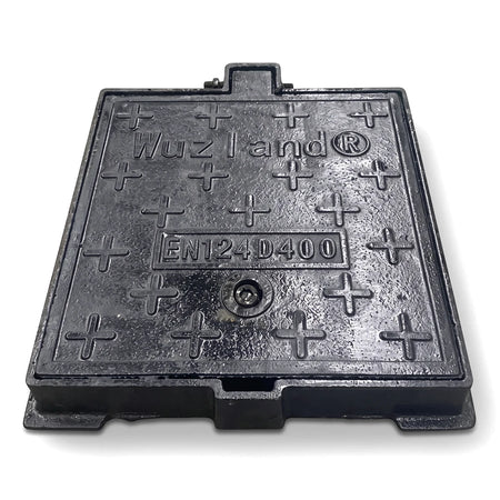 Dark gray heavy-duty cast iron manhole cover, 300x300 size, featuring Wuzland® branding and EN124-D400 rating. Top-down view.
